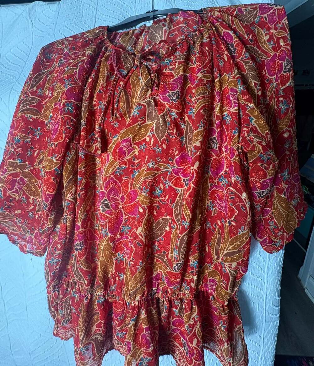 DR2 Women's Blouse Top Short Sleeve Floral Red Size S